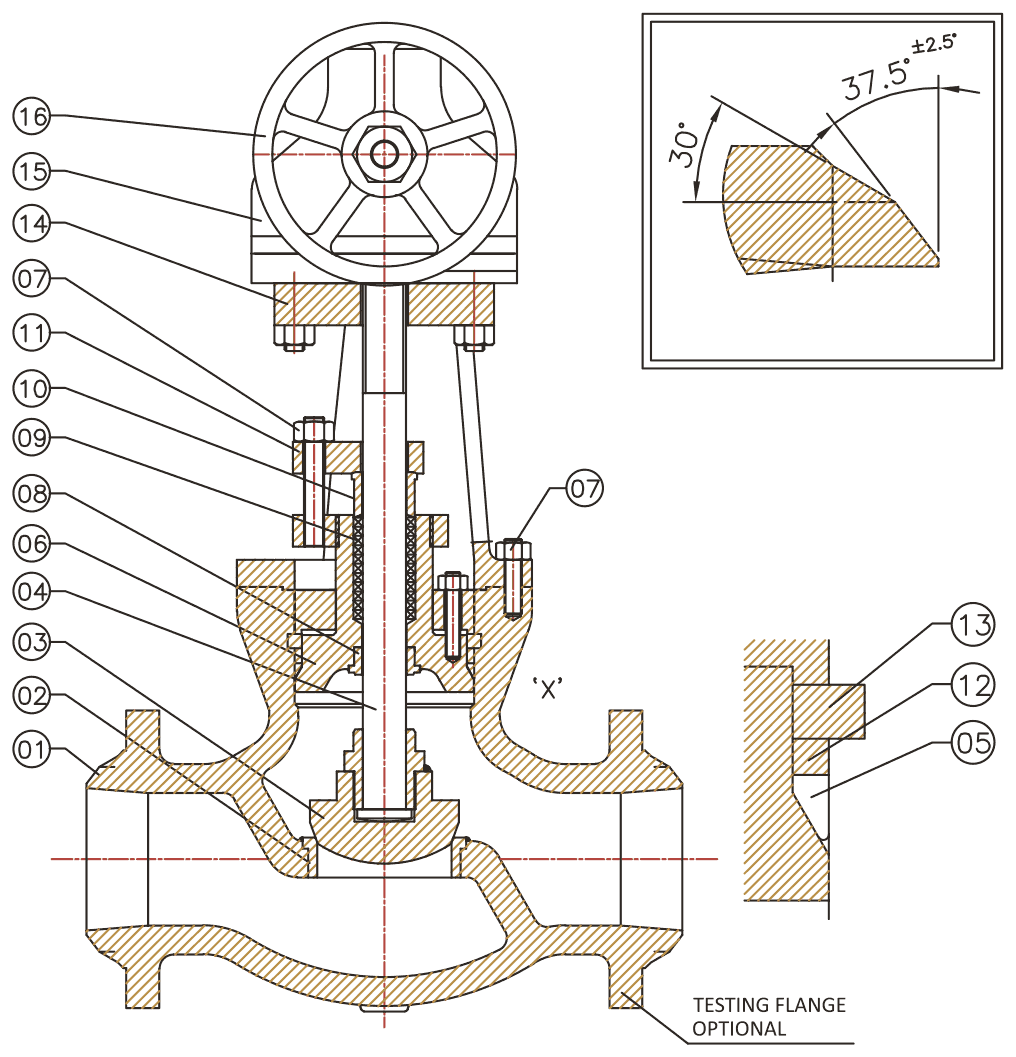 Pressure Seal Globe Valve section with numbered callouts